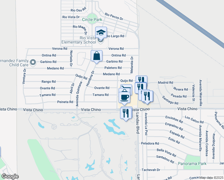 map of restaurants, bars, coffee shops, grocery stores, and more near 67760 Ovante Road in Cathedral City