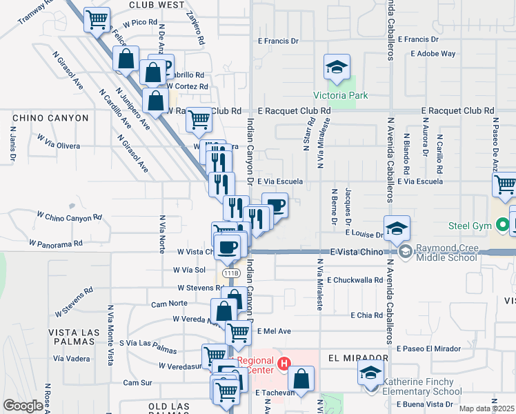 map of restaurants, bars, coffee shops, grocery stores, and more near 2001 North Indian Canyon Drive in Palm Springs