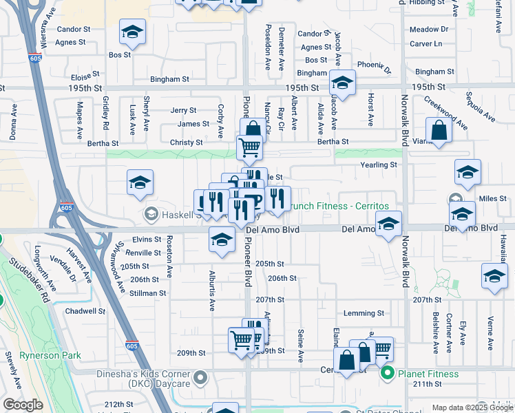 map of restaurants, bars, coffee shops, grocery stores, and more near 20122 Pioneer Boulevard in Cerritos