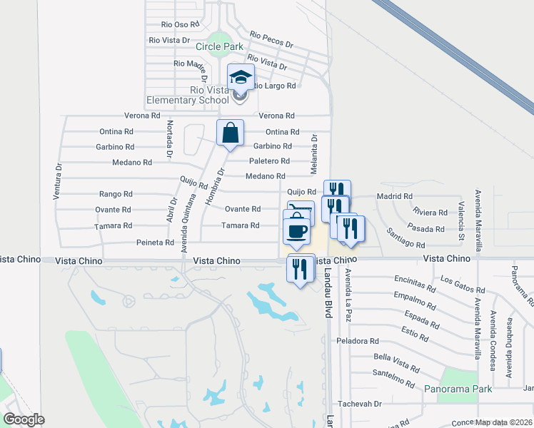 map of restaurants, bars, coffee shops, grocery stores, and more near 67760 Ovante Road in Cathedral City