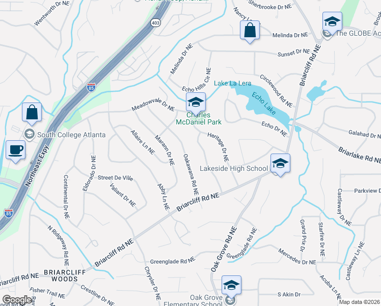 map of restaurants, bars, coffee shops, grocery stores, and more near 2169 Oakawana Road Northeast in Atlanta