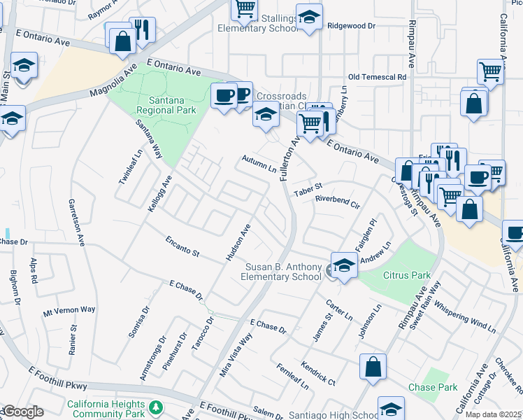 map of restaurants, bars, coffee shops, grocery stores, and more near 2560 Kingston Drive in Corona