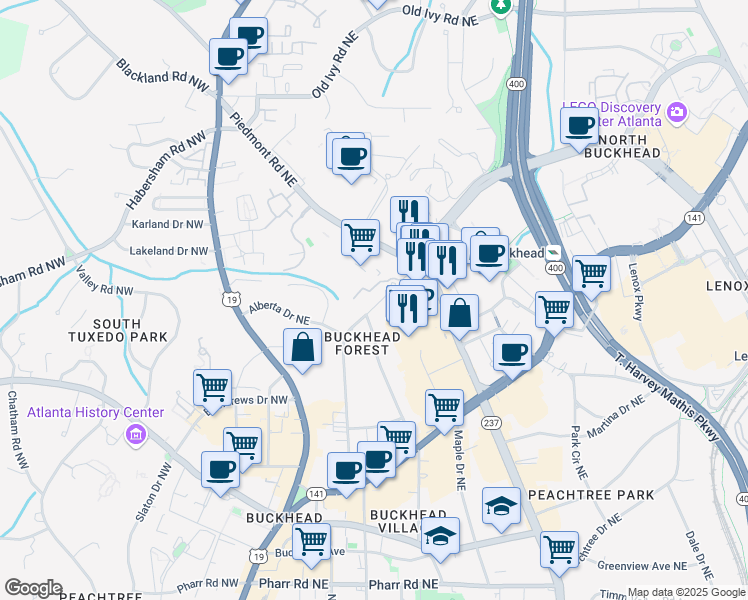 map of restaurants, bars, coffee shops, grocery stores, and more near 3366 Mathieson Drive Northeast in Atlanta