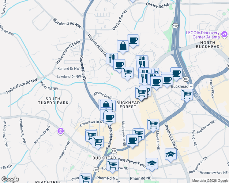 map of restaurants, bars, coffee shops, grocery stores, and more near 320 Alberta Terrace Northeast in Atlanta