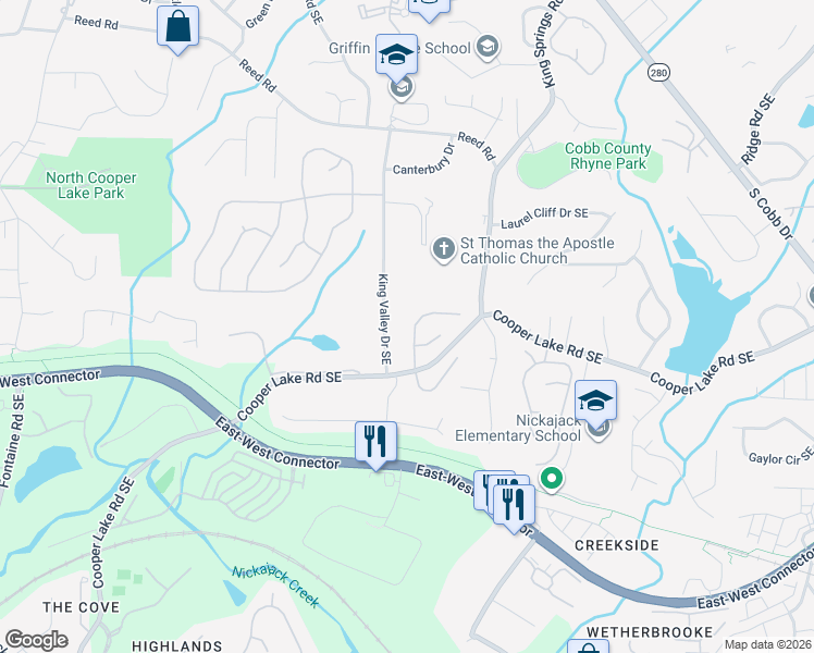 map of restaurants, bars, coffee shops, grocery stores, and more near 4372 Cooper Oaks Drive Southeast in Smyrna
