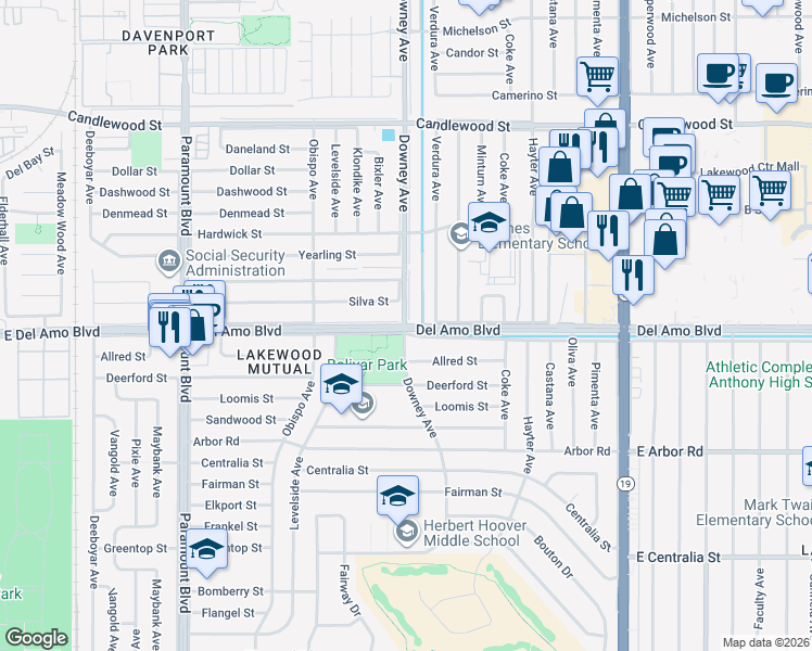 map of restaurants, bars, coffee shops, grocery stores, and more near Del Amo Blvd & Downey Ave in Lakewood