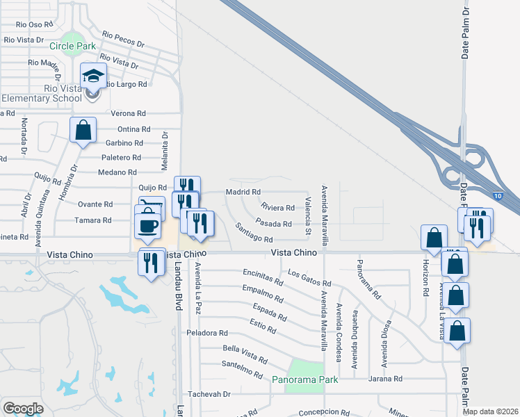 map of restaurants, bars, coffee shops, grocery stores, and more near 68292 Riviera Road in Cathedral City