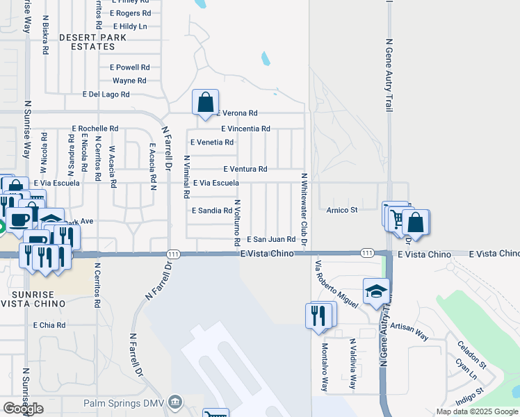 map of restaurants, bars, coffee shops, grocery stores, and more near 2050 North San Gorgonio Road in Palm Springs