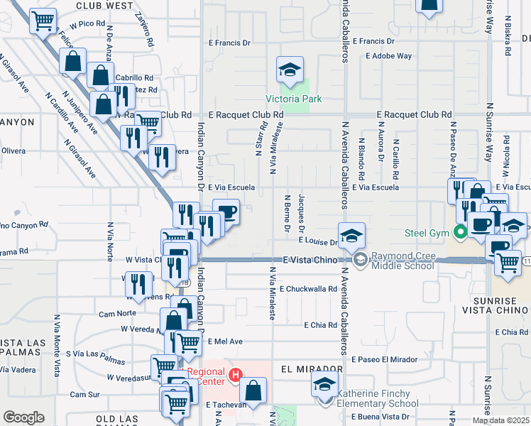 map of restaurants, bars, coffee shops, grocery stores, and more near 1972 North Vía Miraleste in Palm Springs