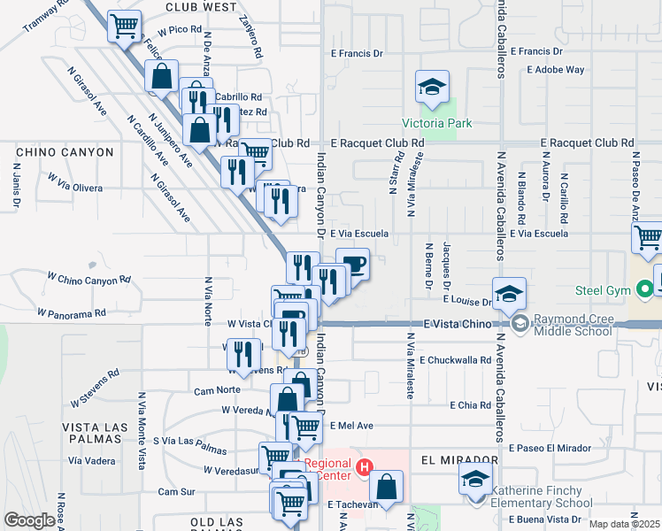 map of restaurants, bars, coffee shops, grocery stores, and more near 2001 North Indian Canyon Drive in Palm Springs