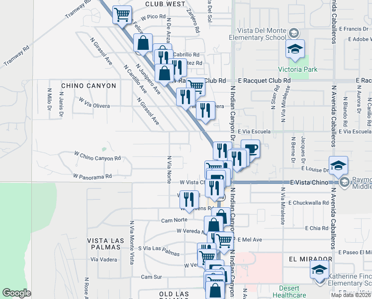 map of restaurants, bars, coffee shops, grocery stores, and more near 369 West Mariscal Road in Palm Springs