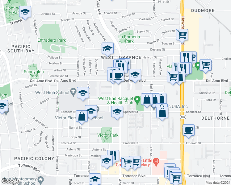 map of restaurants, bars, coffee shops, grocery stores, and more near 4703 Michelle Drive in Torrance