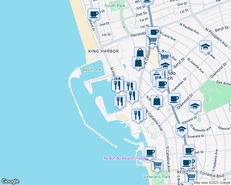 map of restaurants, bars, coffee shops, grocery stores, and more near 655 North Harbor Drive in Redondo Beach