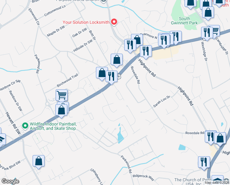 map of restaurants, bars, coffee shops, grocery stores, and more near 2376 Thackery Road Southwest in Snellville