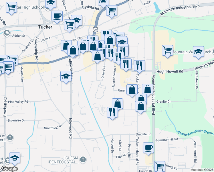 map of restaurants, bars, coffee shops, grocery stores, and more near 2263 Dillard Crossing in Tucker
