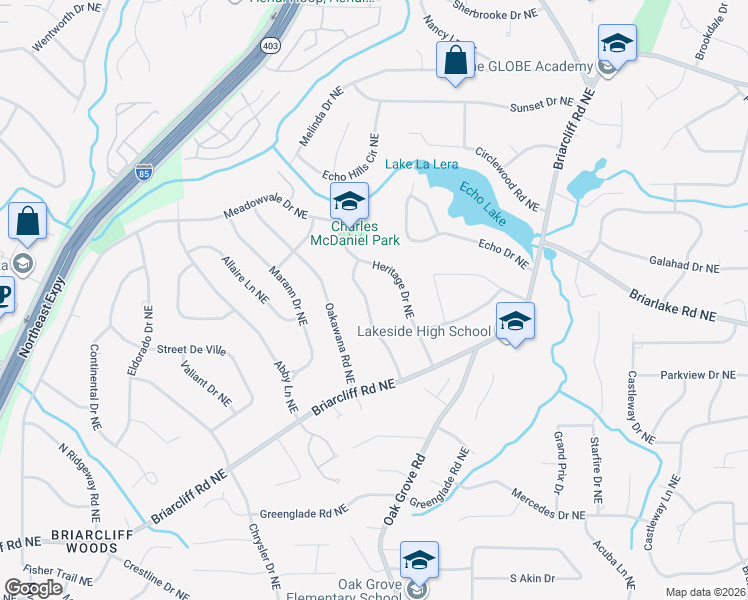map of restaurants, bars, coffee shops, grocery stores, and more near 2163 Briarwillow Drive Northeast in Atlanta