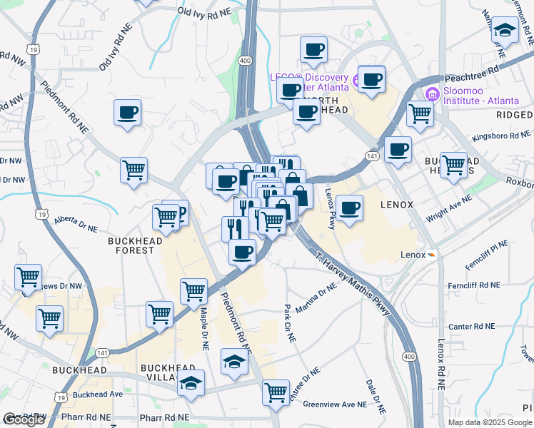 map of restaurants, bars, coffee shops, grocery stores, and more near 3348 Peachtree Road Northeast in Atlanta