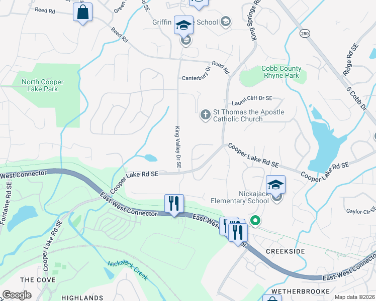 map of restaurants, bars, coffee shops, grocery stores, and more near 4372 Cooper Oaks Drive Southeast in Smyrna