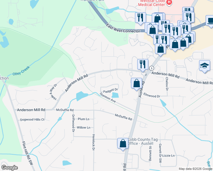 map of restaurants, bars, coffee shops, grocery stores, and more near 2080 Lenoa Lane in Austell