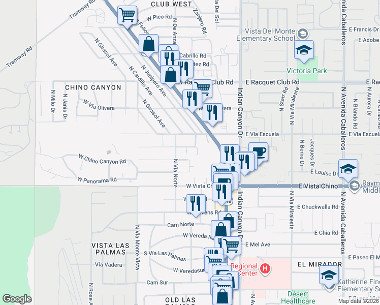 map of restaurants, bars, coffee shops, grocery stores, and more near 343 West Mariscal Road in Palm Springs