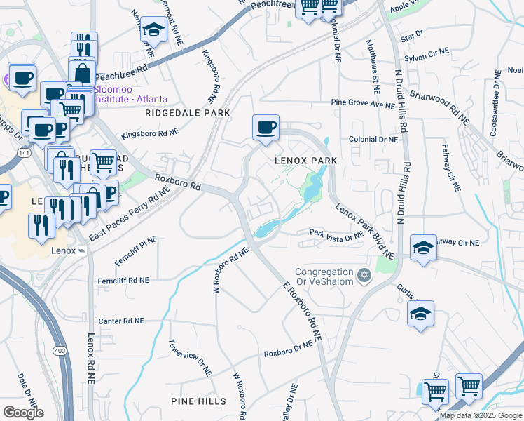map of restaurants, bars, coffee shops, grocery stores, and more near 4124 Lenox Park Circle Northeast in Atlanta