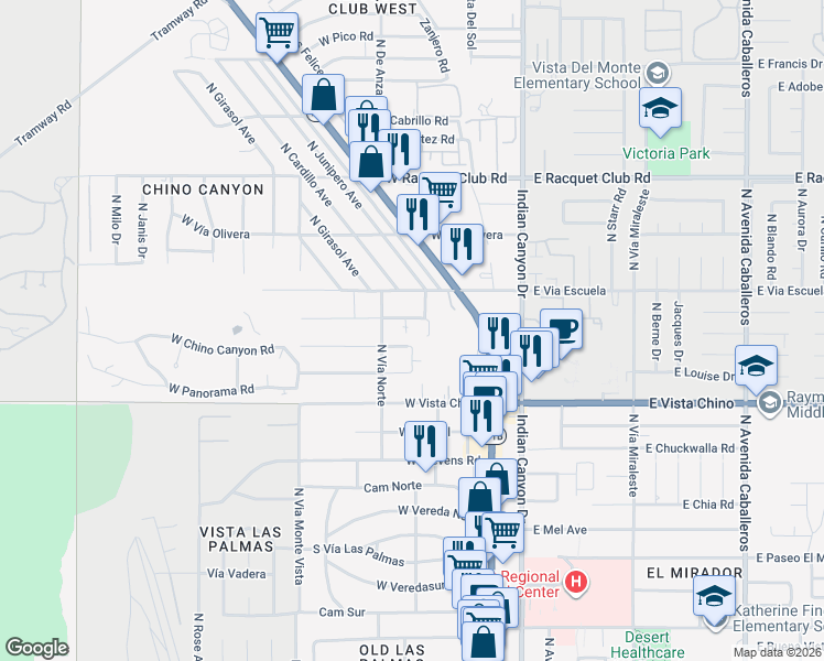 map of restaurants, bars, coffee shops, grocery stores, and more near 343 West Mariscal Road in Palm Springs