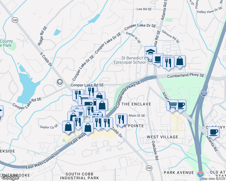 map of restaurants, bars, coffee shops, grocery stores, and more near 4364 Paces Point Circle Southeast in Smyrna