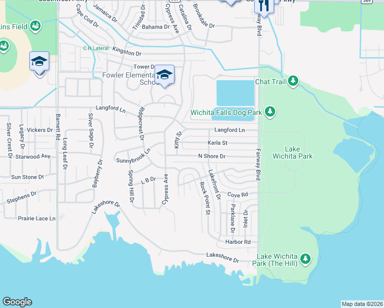 map of restaurants, bars, coffee shops, grocery stores, and more near 4710 North Shore Drive in Wichita Falls