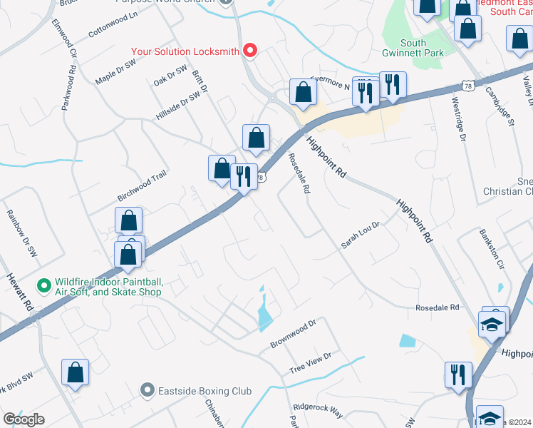 map of restaurants, bars, coffee shops, grocery stores, and more near 2426 Thackery Road Southwest in Snellville