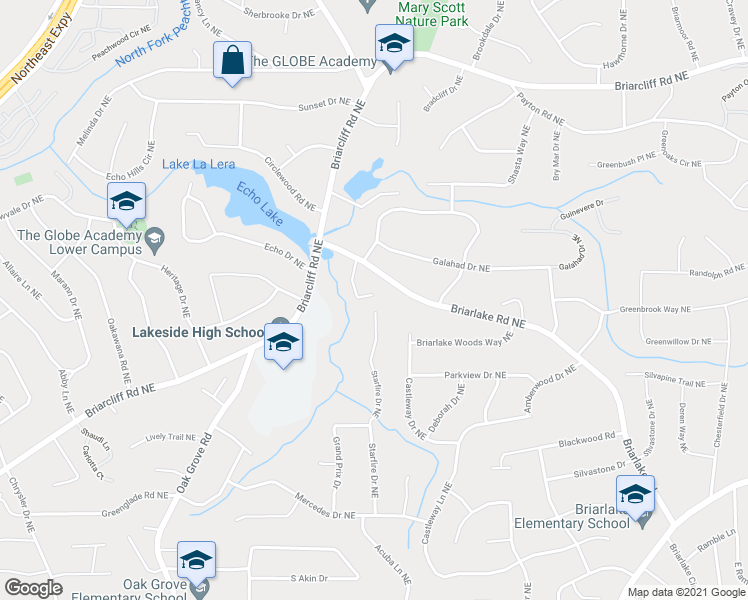 map of restaurants, bars, coffee shops, grocery stores, and more near 2134 Briarlake Trace in Atlanta