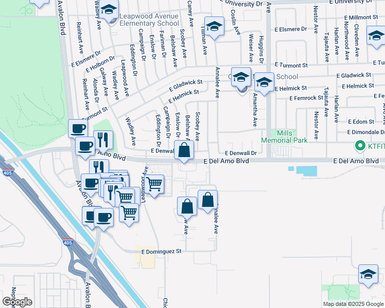 map of restaurants, bars, coffee shops, grocery stores, and more near 1032 East Denwall Drive in Carson