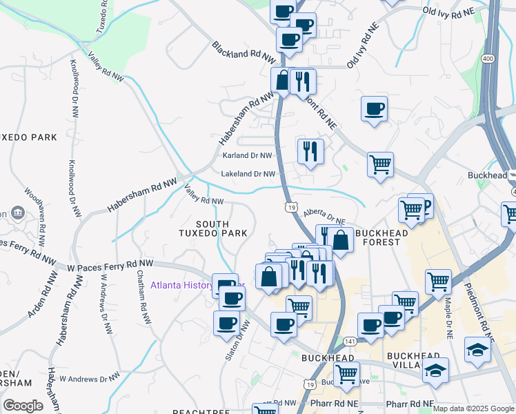 map of restaurants, bars, coffee shops, grocery stores, and more near 3385 Valley Road Northwest in Atlanta