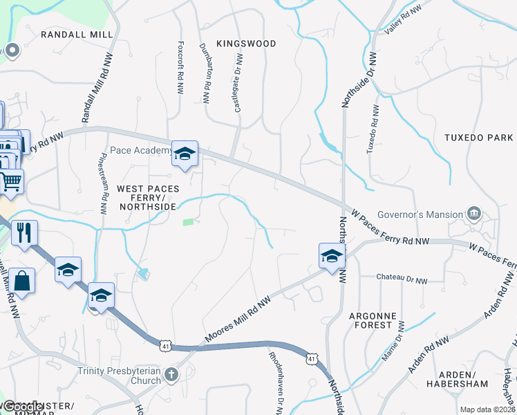 map of restaurants, bars, coffee shops, grocery stores, and more near 3375 East Wood Valley Road Northwest in Atlanta