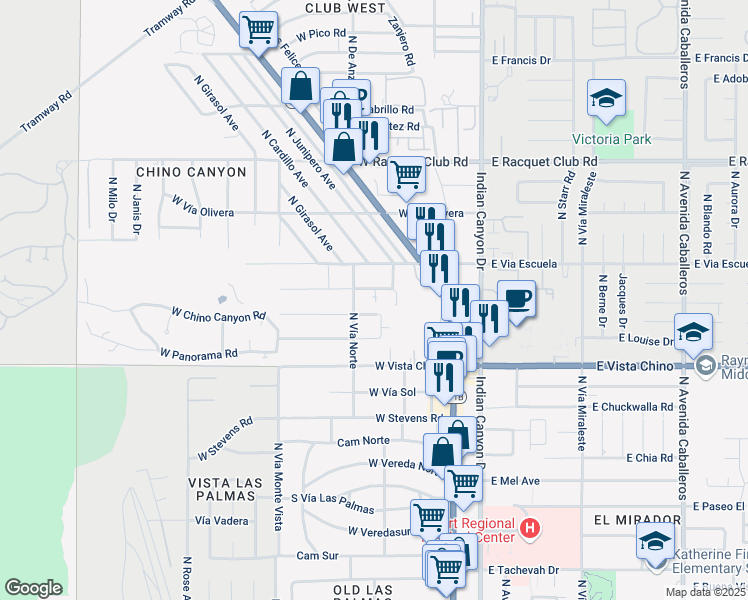 map of restaurants, bars, coffee shops, grocery stores, and more near 365 West Mariscal Road in Palm Springs