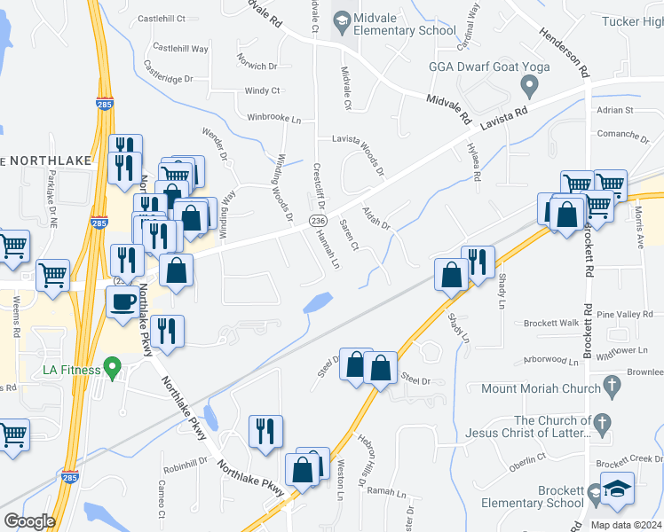 map of restaurants, bars, coffee shops, grocery stores, and more near 3740 Sturbridge Court in Tucker