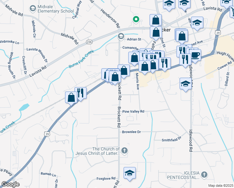 map of restaurants, bars, coffee shops, grocery stores, and more near 2154 Brockett Road in Tucker