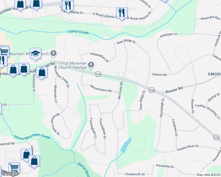 map of restaurants, bars, coffee shops, grocery stores, and more near 5020 Mountclaire Road in Stone Mountain