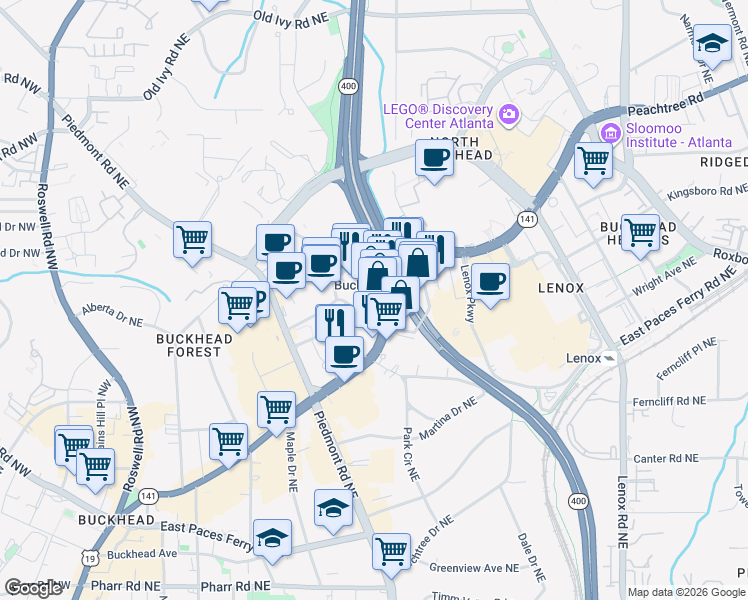 map of restaurants, bars, coffee shops, grocery stores, and more near 3348 Peachtree Road Northeast in Atlanta