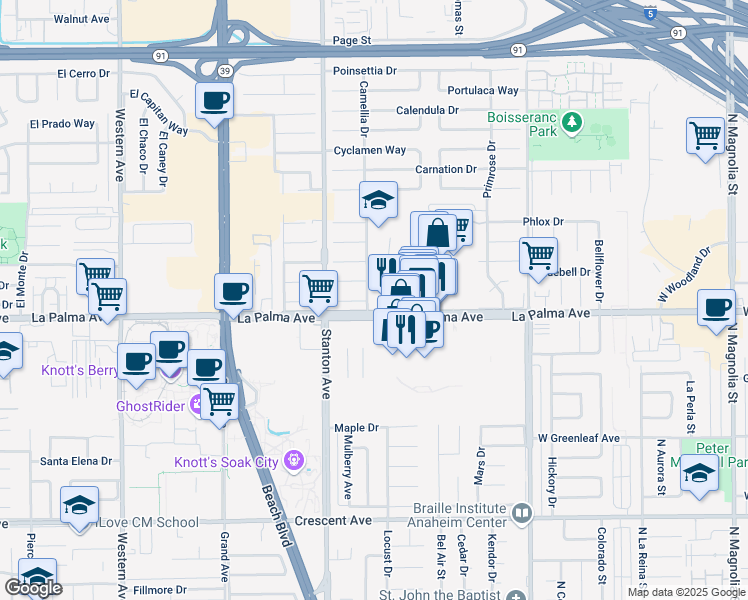 map of restaurants, bars, coffee shops, grocery stores, and more near 7930 Camellia Drive in Buena Park