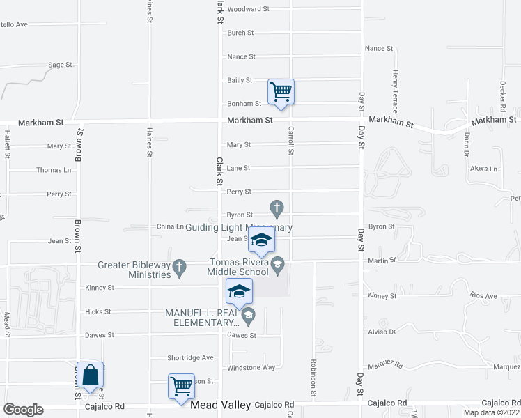 map of restaurants, bars, coffee shops, grocery stores, and more near 21640 Byron Street in Perris