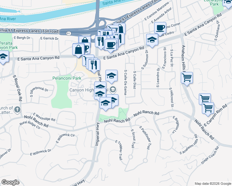map of restaurants, bars, coffee shops, grocery stores, and more near 220 South Imperial Highway in Anaheim