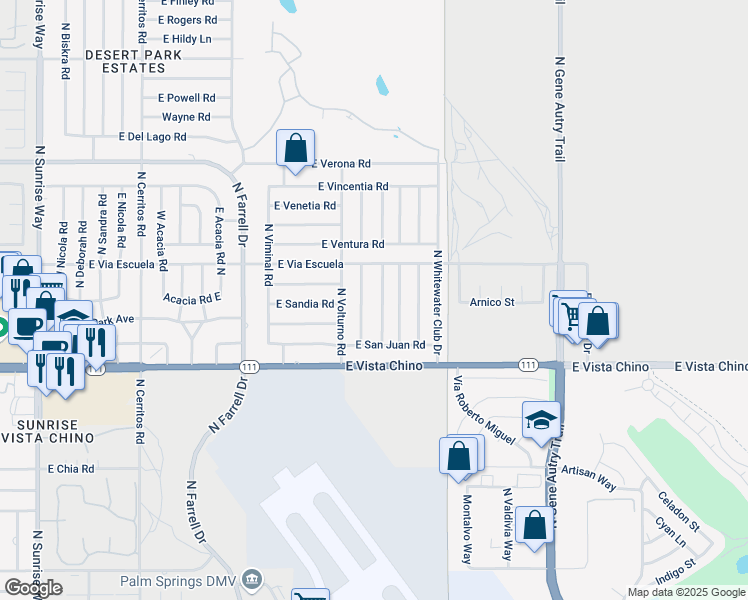 map of restaurants, bars, coffee shops, grocery stores, and more near 2050 North San Gorgonio Road in Palm Springs