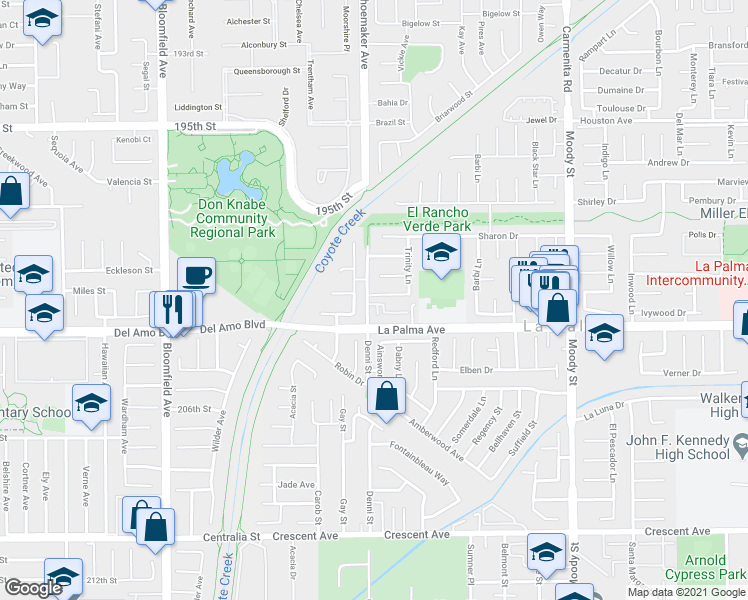 map of restaurants, bars, coffee shops, grocery stores, and more near 4502 Kathy Drive in La Palma