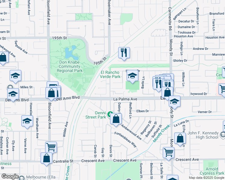 map of restaurants, bars, coffee shops, grocery stores, and more near 4502 Kathy Drive in La Palma