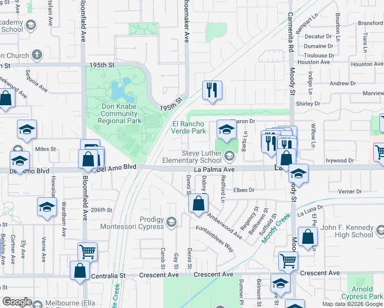 map of restaurants, bars, coffee shops, grocery stores, and more near 4501 Kathy Drive in La Palma