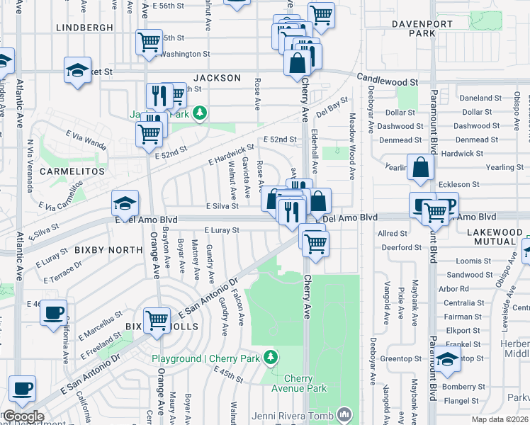 map of restaurants, bars, coffee shops, grocery stores, and more near 1824 East Silva Street in Long Beach