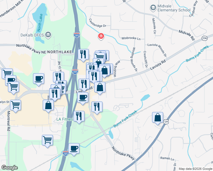 map of restaurants, bars, coffee shops, grocery stores, and more near 4327 Lavista Road in Tucker
