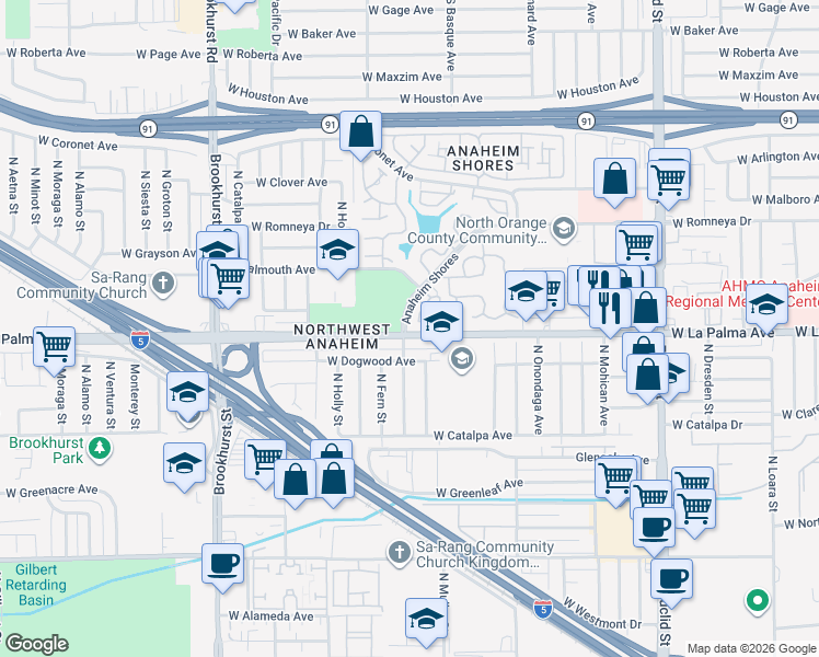 map of restaurants, bars, coffee shops, grocery stores, and more near 1846 West Falmouth Avenue in Anaheim