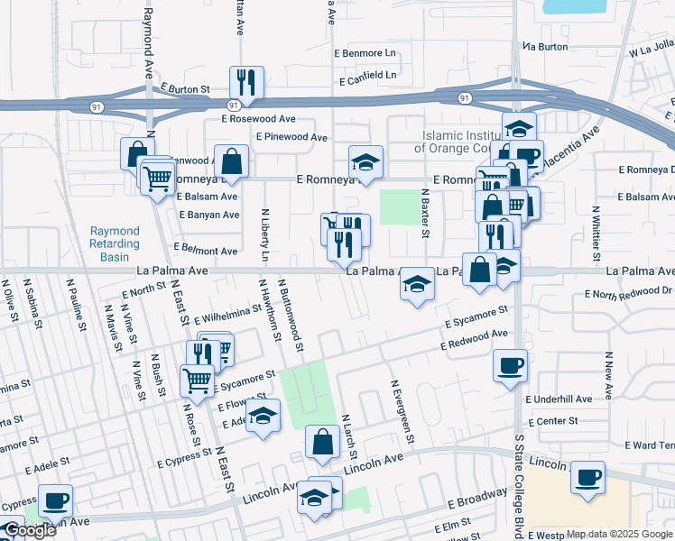 map of restaurants, bars, coffee shops, grocery stores, and more near La Palma Avenue & North Anna Drive in Anaheim