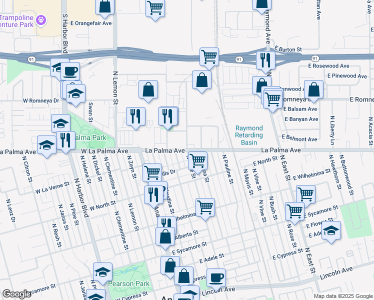 map of restaurants, bars, coffee shops, grocery stores, and more near La Palma Ave & N Olive St in Anaheim